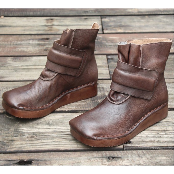 Women'S Handmade Retro Leather Ankle Boots Comfortable Walking Oxford Boots Square Toe Coffee