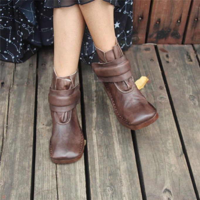 Women'S Handmade Retro Leather Ankle Boots Comfortable Walking Oxford Boots Square Toe Coffee