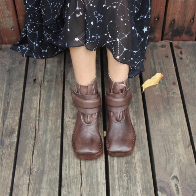 Women'S Handmade Retro Leather Ankle Boots Comfortable Walking Oxford Boots Square Toe Coffee