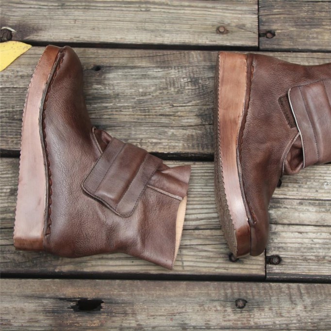 Women'S Handmade Retro Leather Ankle Boots Comfortable Walking Oxford Boots Square Toe Coffee