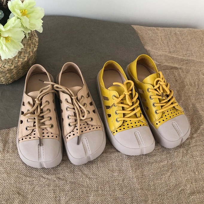 Handmade Leather Loafers Mori Girl Shoes Split Toe Comfort Casual Flat Shoes Apricot/Coffee//Yellow