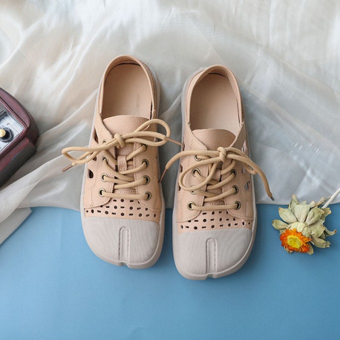 Handmade Leather Loafers Mori Girl Shoes Split Toe Comfort Casual Flat Shoes Apricot/Coffee//Yellow
