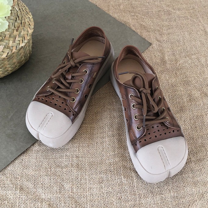 Handmade Leather Loafers Mori Girl Shoes Split Toe Comfort Casual Flat Shoes Apricot/Coffee//Yellow