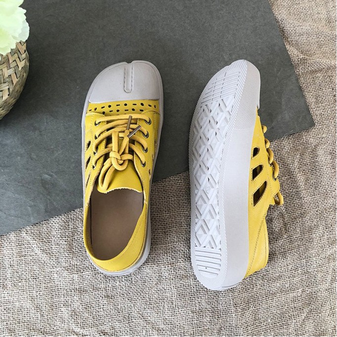 Handmade Leather Loafers Mori Girl Shoes Split Toe Comfort Casual Flat Shoes Apricot/Coffee//Yellow