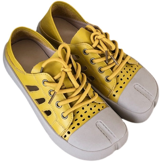 Handmade Leather Loafers Mori Girl Shoes Split Toe Comfort Casual Flat Shoes Apricot/Coffee//Yellow