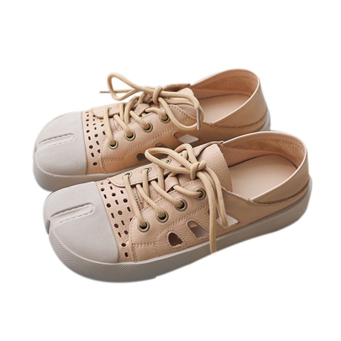 Handmade Leather Loafers Mori Girl Shoes Split Toe Comfort Casual Flat Shoes Apricot/Coffee//Yellow