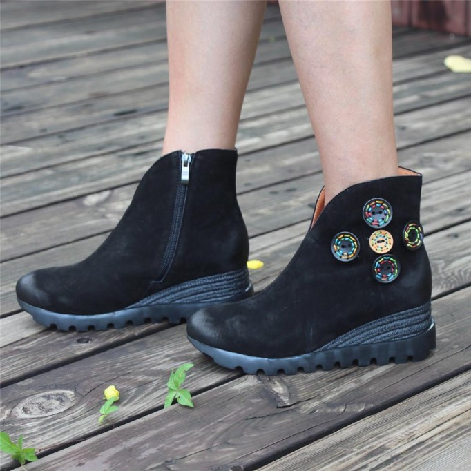 Retro Nubuck Boots For Womens Leather Platform Boots Black/Coffee