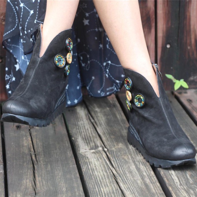 Retro Nubuck Boots For Womens Leather Platform Boots Black/Coffee