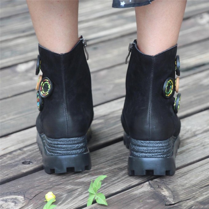 Retro Nubuck Boots For Womens Leather Platform Boots Black/Coffee