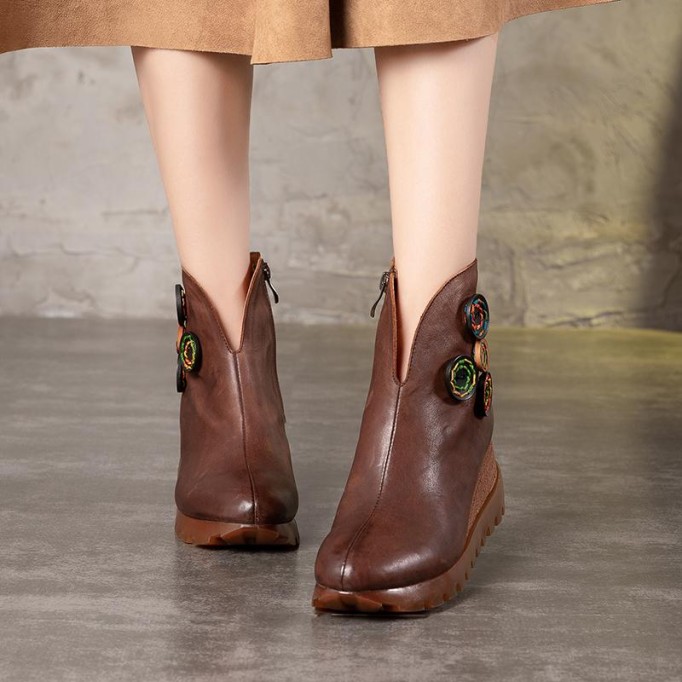 Retro Nubuck Boots For Womens Leather Platform Boots Black/Coffee