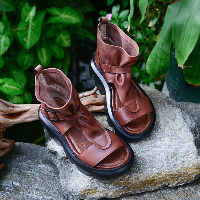 Genuine Leather Platform Sandals Boots For Women Peep Toe Buckle Sandals Side Zipper BlackNew/BrownNew/Black/Brown