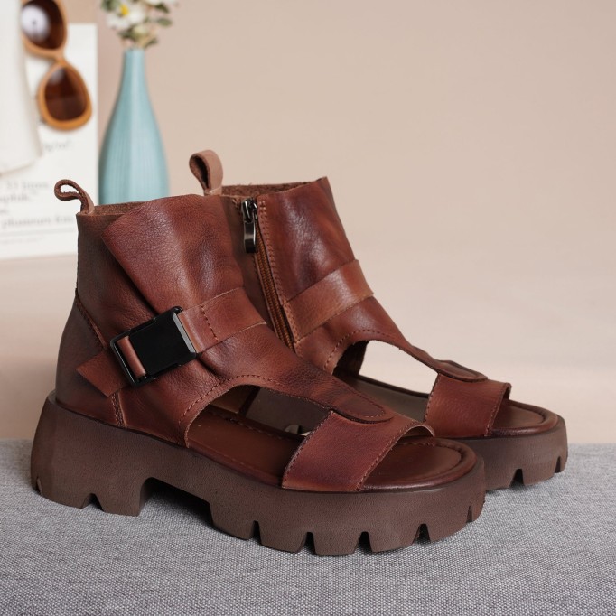 Genuine Leather Platform Sandals Boots For Women Peep Toe Buckle Sandals Side Zipper BlackNew/BrownNew/Black/Brown