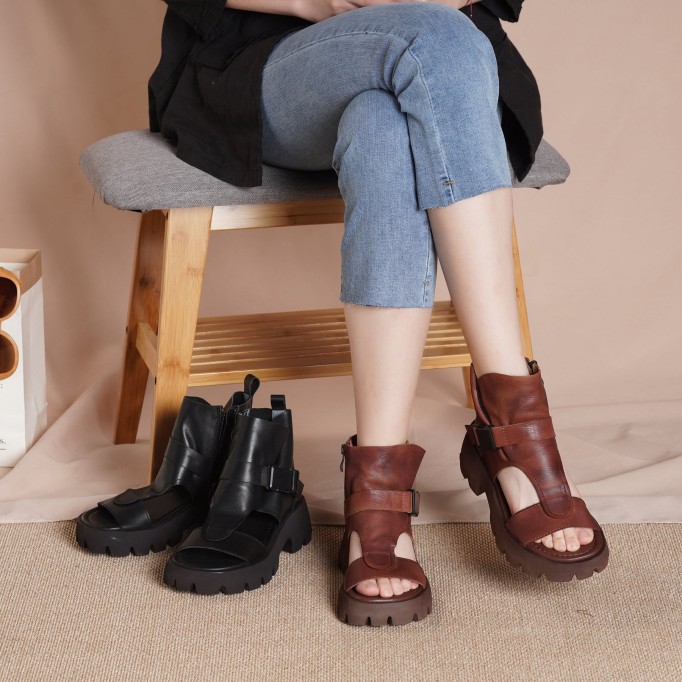 Genuine Leather Platform Sandals Boots For Women Peep Toe Buckle Sandals Side Zipper BlackNew/BrownNew/Black/Brown