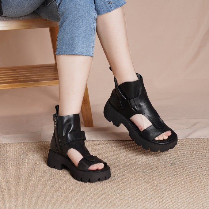 Genuine Leather Platform Sandals Boots For Women Peep Toe Buckle Sandals Side Zipper BlackNew/BrownNew/Black/Brown