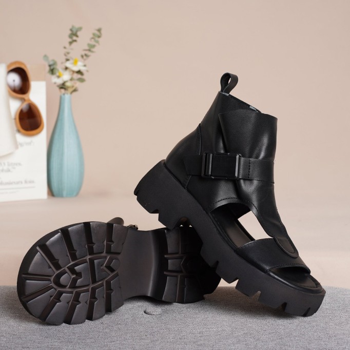 Genuine Leather Platform Sandals Boots For Women Peep Toe Buckle Sandals Side Zipper BlackNew/BrownNew/Black/Brown