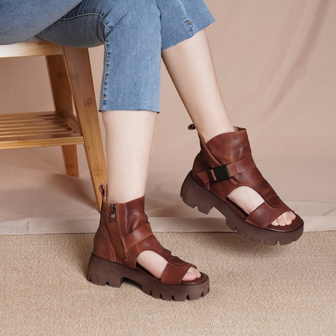 Genuine Leather Platform Sandals Boots For Women Peep Toe Buckle Sandals Side Zipper BlackNew/BrownNew/Black/Brown