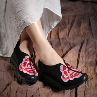 Retro Embroidery Nubuck Leather Platform Shoes For Women Chunky Shoes Designer Shoes