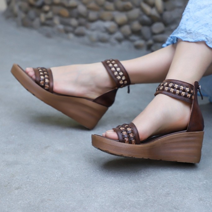 Handmade Genuine Leather Platform Sandals Rivets Coffee/Brown
