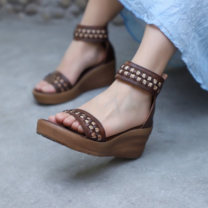 Handmade Genuine Leather Platform Sandals Rivets Coffee/Brown