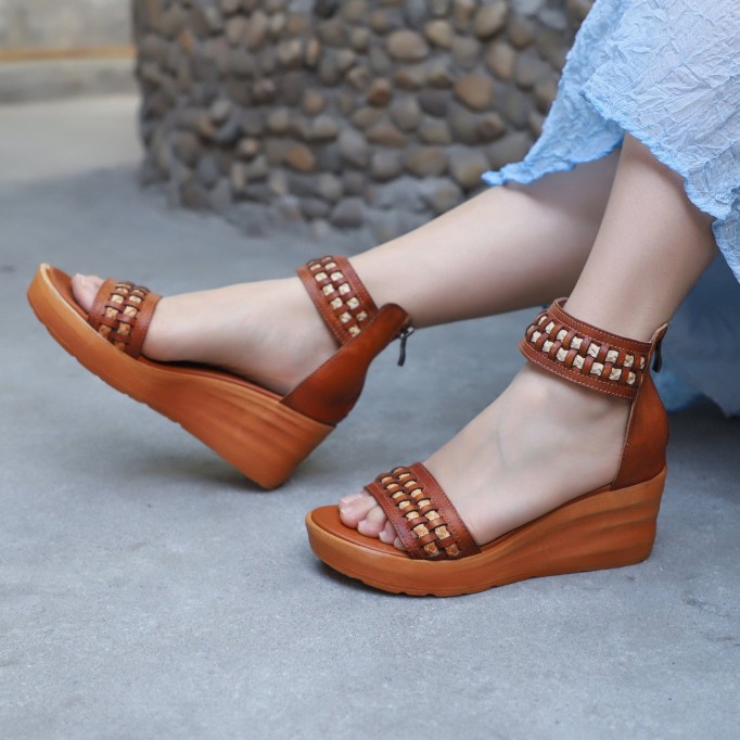 Handmade Genuine Leather Platform Sandals Rivets Coffee/Brown