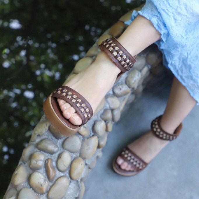 Handmade Genuine Leather Platform Sandals Rivets Coffee/Brown