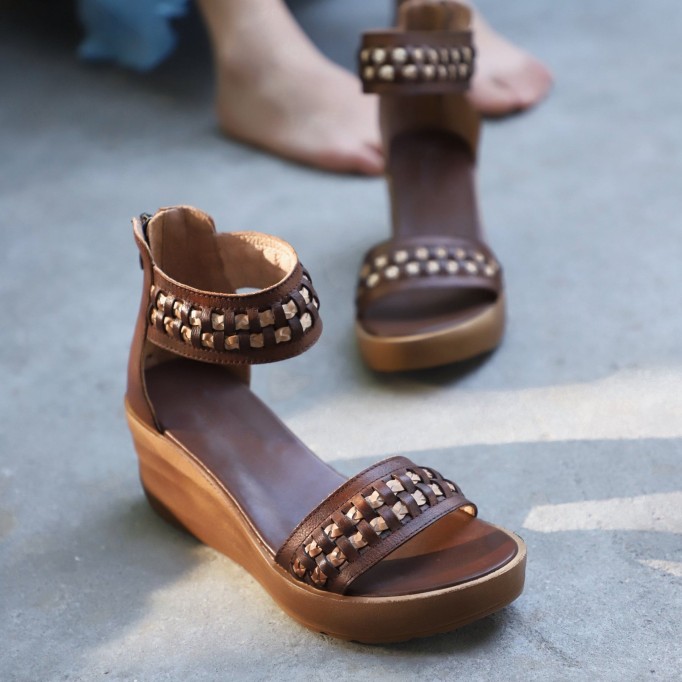Handmade Genuine Leather Platform Sandals Rivets Coffee/Brown