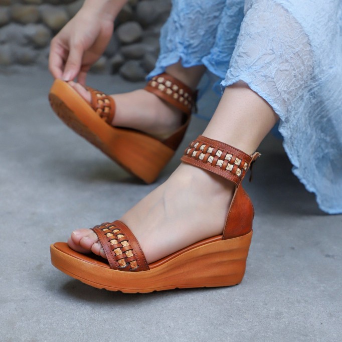 Handmade Genuine Leather Platform Sandals Rivets Coffee/Brown