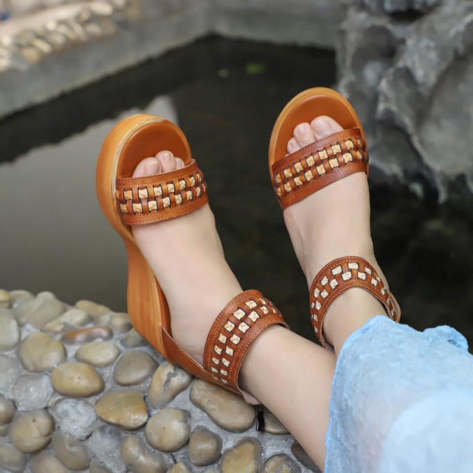 Handmade Genuine Leather Platform Sandals Rivets Coffee/Brown