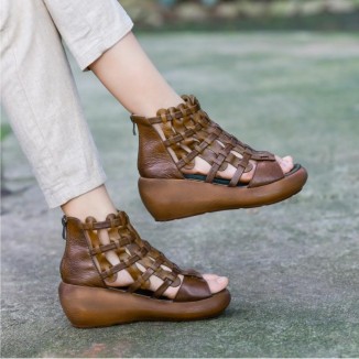 Handmade High Platform Sandals Woven Leather Sandals Oxford Retro Wedges-wide fit