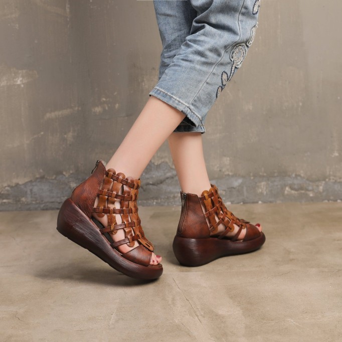 Handmade High Platform Sandals Woven Leather Sandals Oxford Retro Wedges-wide fit