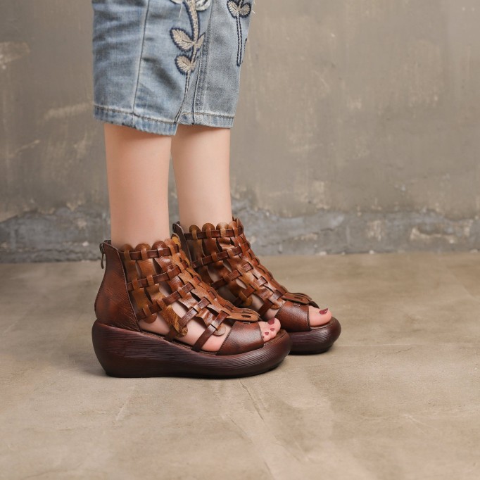 Handmade High Platform Sandals Woven Leather Sandals Oxford Retro Wedges-wide fit