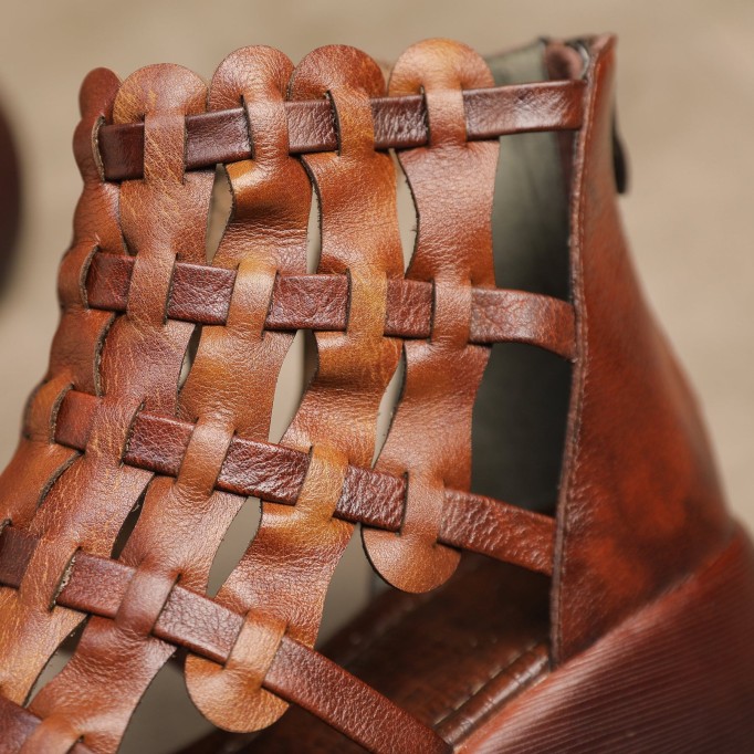 Handmade High Platform Sandals Woven Leather Sandals Oxford Retro Wedges-wide fit