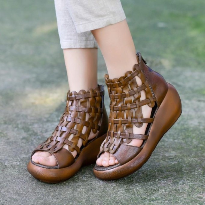Handmade High Platform Sandals Woven Leather Sandals Oxford Retro Wedges-wide fit