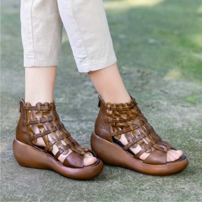 Handmade High Platform Sandals Woven Leather Sandals Oxford Retro Wedges-wide fit