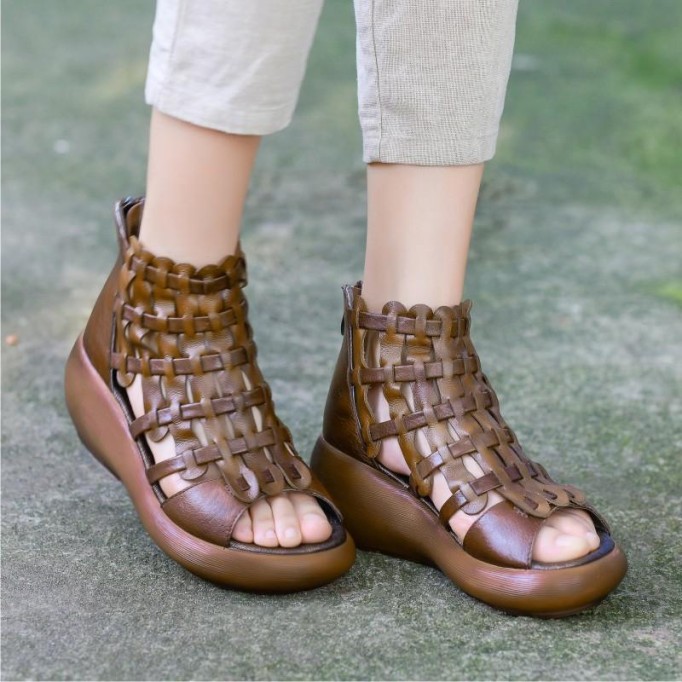 Handmade High Platform Sandals Woven Leather Sandals Oxford Retro Wedges-wide fit