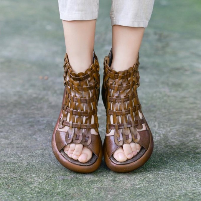 Handmade High Platform Sandals Woven Leather Sandals Oxford Retro Wedges-wide fit