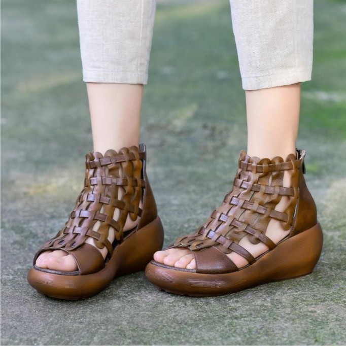 Handmade High Platform Sandals Woven Leather Sandals Oxford Retro Wedges-wide fit