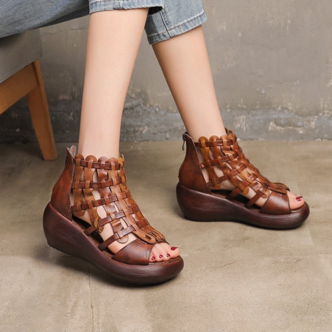 Handmade High Platform Sandals Woven Leather Sandals Oxford Retro Wedges-wide fit