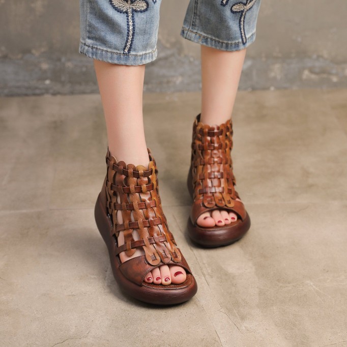 Handmade High Platform Sandals Woven Leather Sandals Oxford Retro Wedges-wide fit