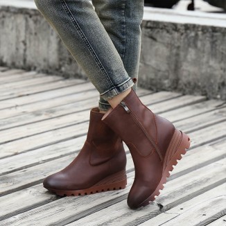 Retro Boots For Women Leather Platform Boots Hand Knitted Feather Decoration Coffee/Black