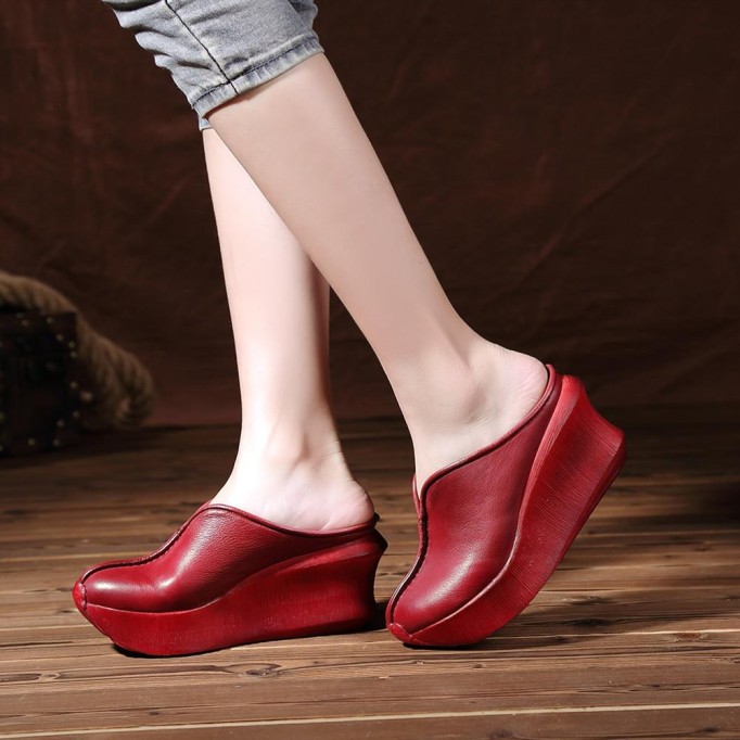 Women Handmade Retro Leather Platforms Wedges Slippers Red/Coffee