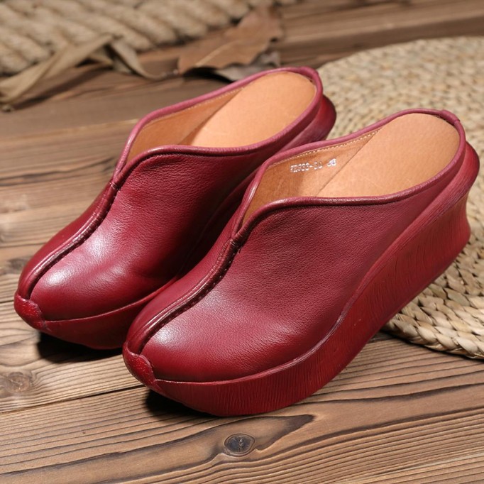 Women Handmade Retro Leather Platforms Wedges Slippers Red/Coffee