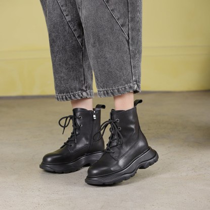 Winter Boots Handmade Genuine Leather Lace-Up Combat Boots Retro Chunky Martin Platform Boots Black/ Coffee