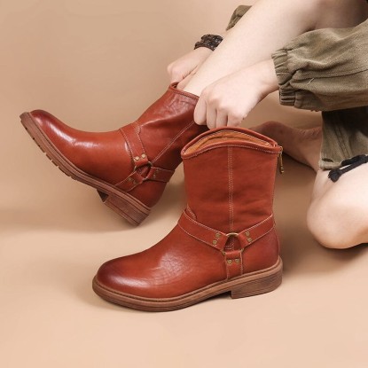 Belted Western boots Chunky Heel Leather Short Boots Back Zip Black /Coffee/Brown