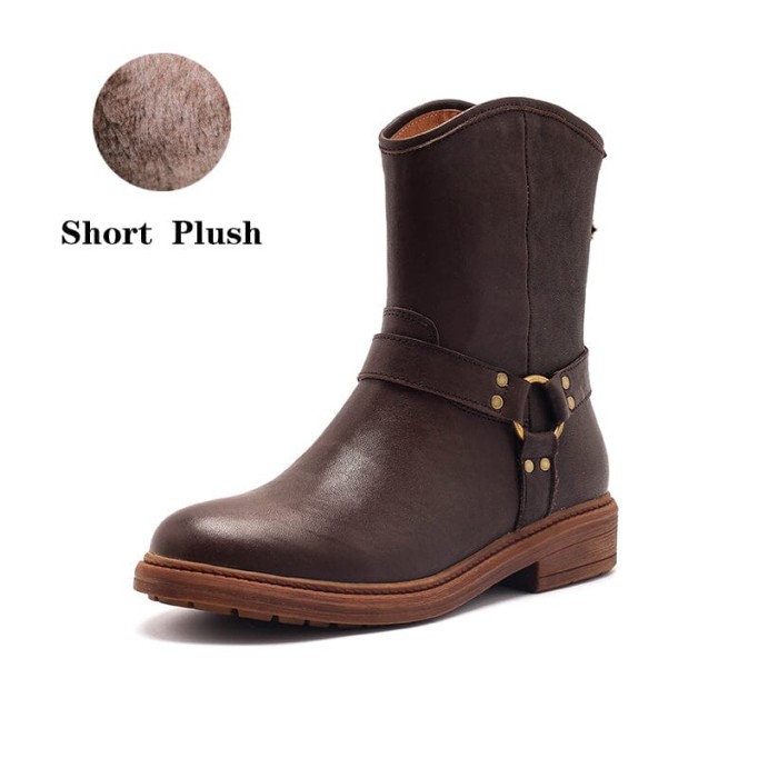 Belted Western boots Chunky Heel Leather Short Boots Back Zip Black /Coffee/Brown