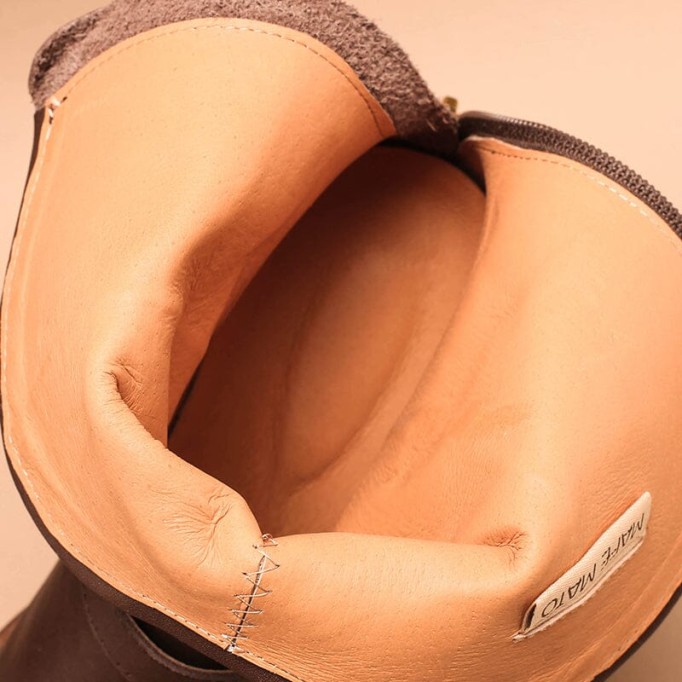 Belted Western boots Chunky Heel Leather Short Boots Back Zip Black /Coffee/Brown