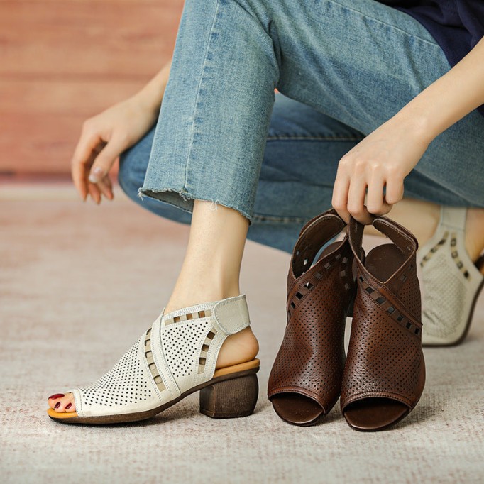 Handmade Leather Block Gladiator Sandals for Women in Brown/Beige