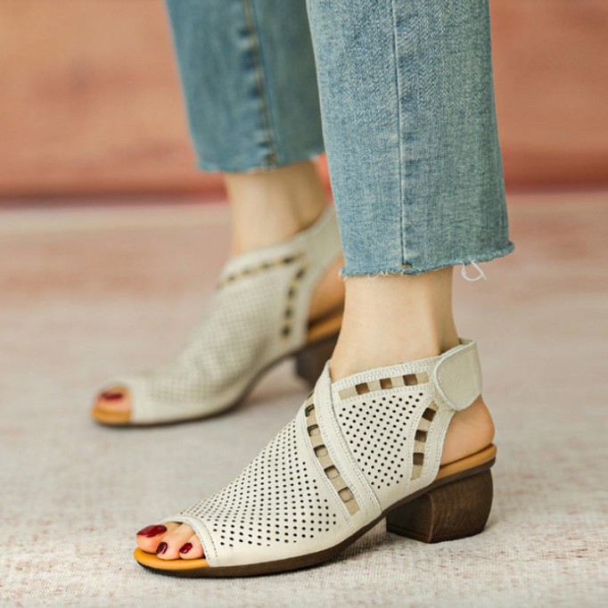 Handmade Leather Block Gladiator Sandals for Women in Brown/Beige