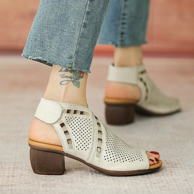 Handmade Leather Block Gladiator Sandals for Women in Brown/Beige