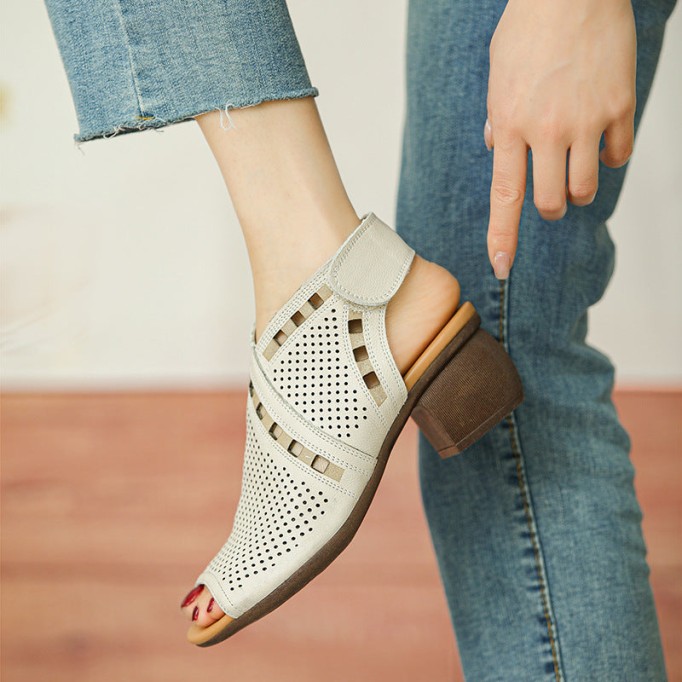 Handmade Leather Block Gladiator Sandals for Women in Brown/Beige